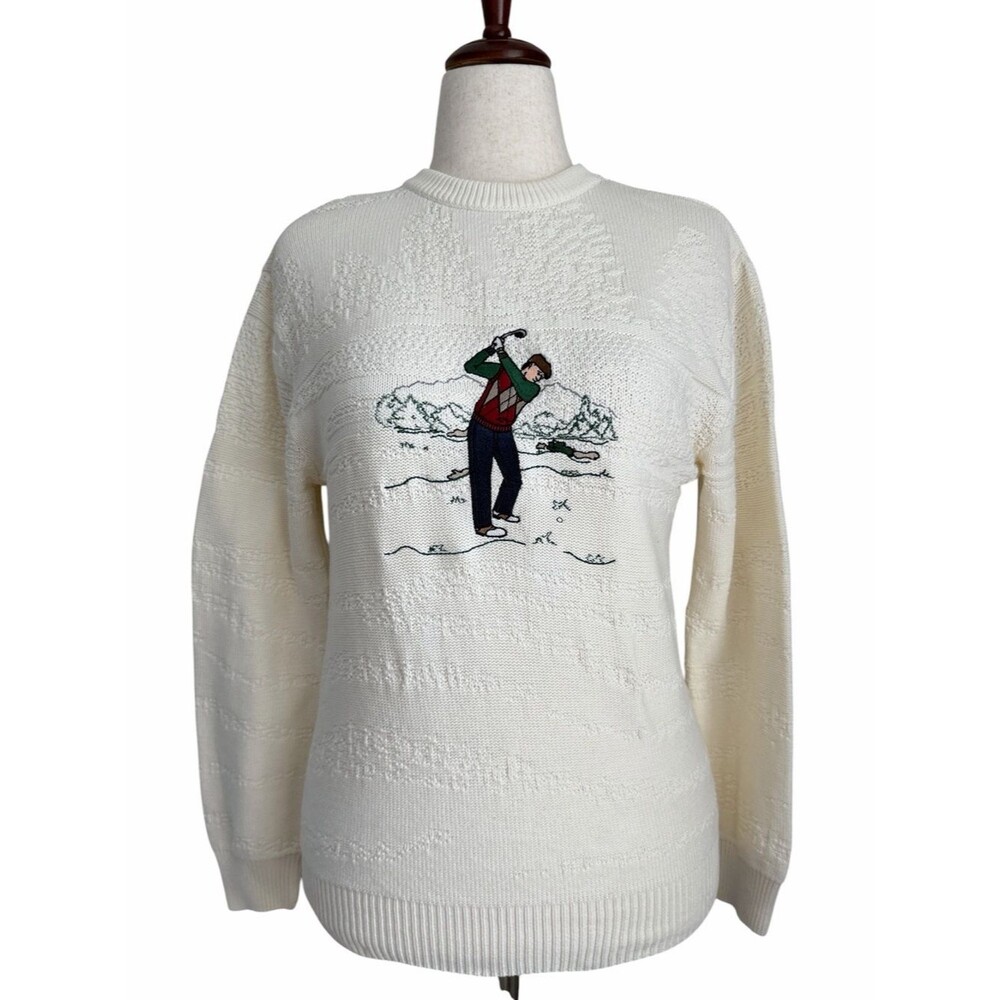 VTG Cypress Links Women’s Small Golf Sweater Ivory Cotton Embroidered Golfer 8